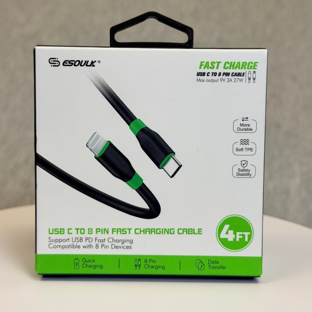 ESOULK USB C to 8 Pin Fast Charging Cable 4FT Black TPE EC33P-CL-BK